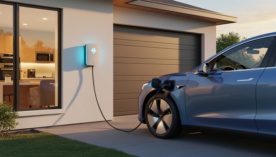 Electric vehicle connected to bidirectional home charging station in residential driveway