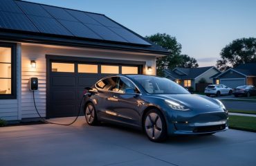 Electric car in a driveway connected to a wall-mounted bidirectional home charger, solar panels on the roof, warm house lights at dusk, with trees softly visible in the background.