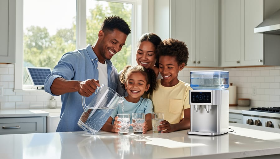 Happy family drinking purified water together in modern kitchen