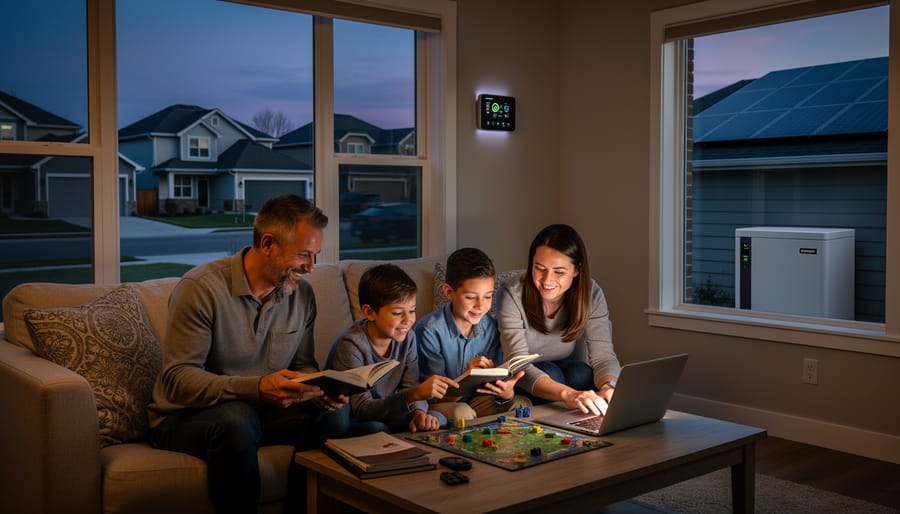 Family comfortable at home with lights and appliances running during power outage