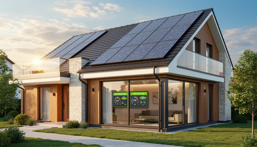 Family standing in front of home featuring integrated solar carport and building materials
