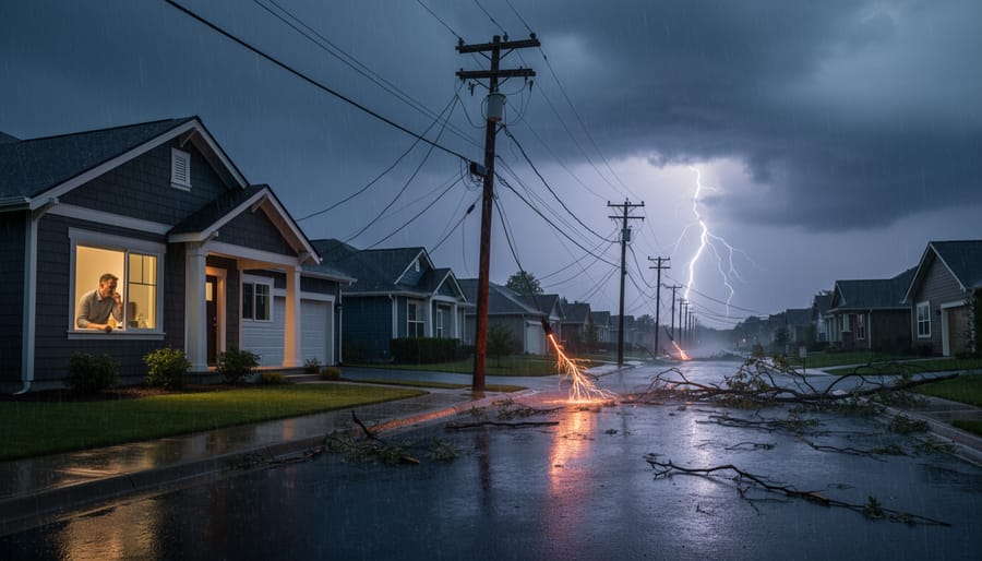 Utility worker repairing power lines with storm clouds approaching
