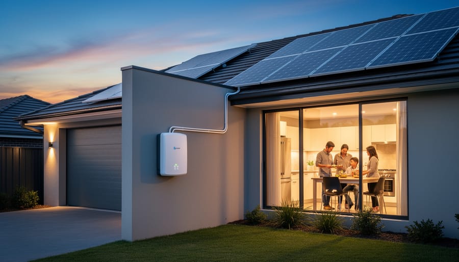 Modern home battery storage system with family using electricity in evening hours visible in background