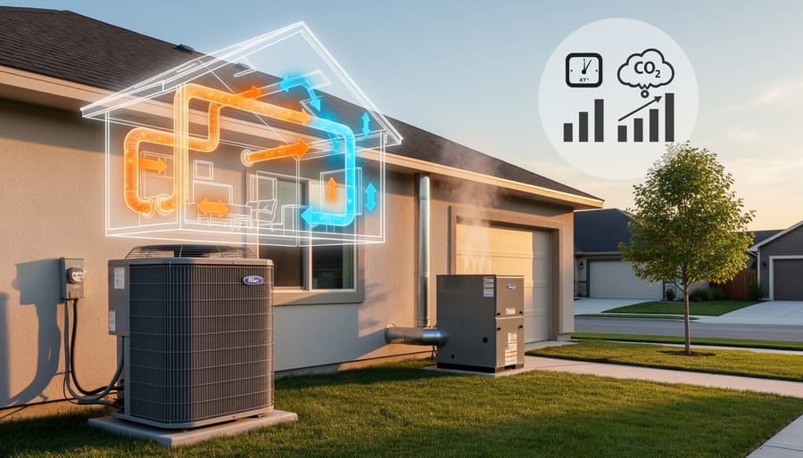 Modern programmable thermostat on wall with family room in background