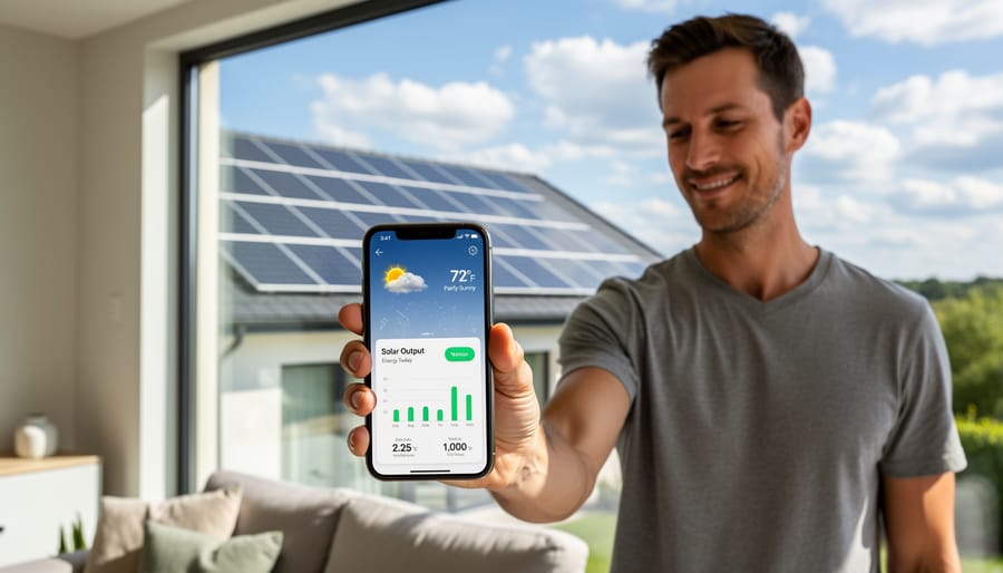 Homeowner checking weather station data on smartphone with solar panels visible through window
