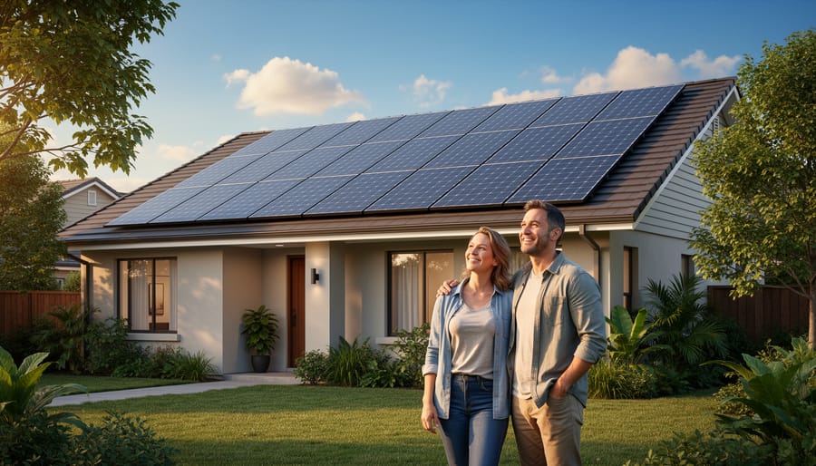 Homeowners standing in front of their solar panel-equipped house