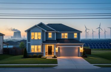 Suburban house at dusk with warm-lit windows and overhead power lines; distant left shows a hazy coal power plant with a light plume, while the right horizon features wind turbines and a small solar array under a cool twilight sky.