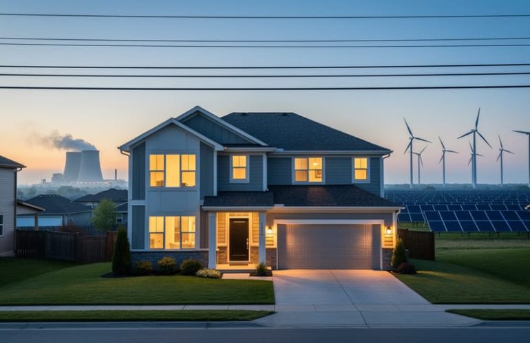 Suburban house at dusk with warm-lit windows and overhead power lines; distant left shows a hazy coal power plant with a light plume, while the right horizon features wind turbines and a small solar array under a cool twilight sky.