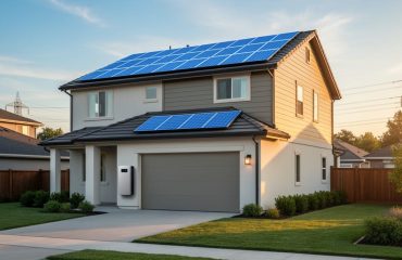 Eye-level view of a modern suburban house with rooftop solar panels and a wall-mounted home battery by the garage at golden hour, with trees and distant power lines softly visible in the background.