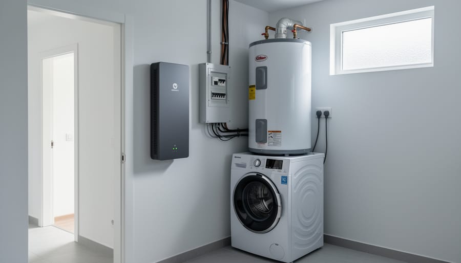 Wall-mounted battery storage unit installed in apartment utility closet