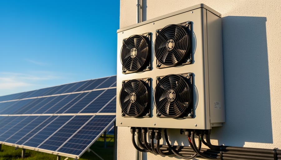 Close-up of cooling fan inside solar inverter electronic enclosure