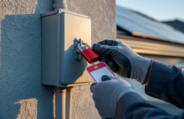 Close-up of a gloved technician attaching a red safety padlock and tag to a residential solar AC disconnect, with rooftop solar panels softly blurred in the background under warm late-afternoon light.