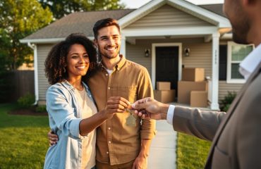 Mortgage advisor handing a single house key to a smiling couple outside a modest suburban home at golden hour, with moving boxes on the porch and a soft-focus yard in the background.