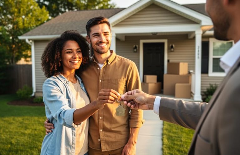 Mortgage advisor handing a single house key to a smiling couple outside a modest suburban home at golden hour, with moving boxes on the porch and a soft-focus yard in the background.