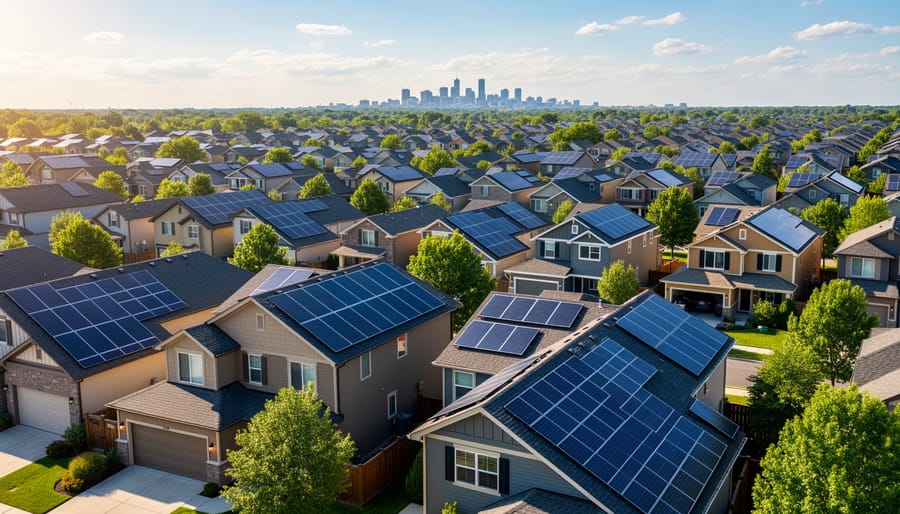 Aerial view of suburban neighborhood with solar panels installed on multiple residential roofs