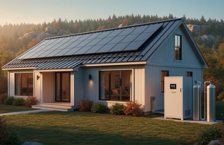 Modern New Hampshire farmhouse with rooftop solar panels, a small electrolyzer cabinet, and two slim hydrogen storage cylinders in the backyard at golden hour, with pine-covered hills in the distance.