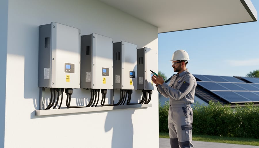 Solar inverter properly installed in shaded location under roof overhang with adequate ventilation space