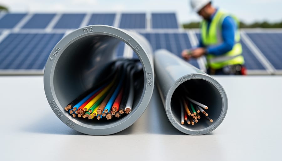 Side-by-side comparison of 4-inch and 2-inch PVC electrical conduit showing size difference