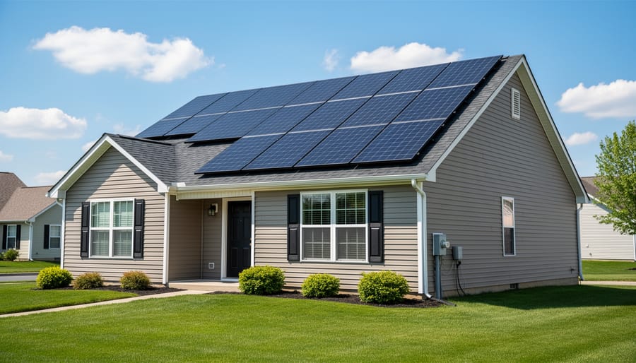 Aerial view of suburban home with solar panel installation on roof