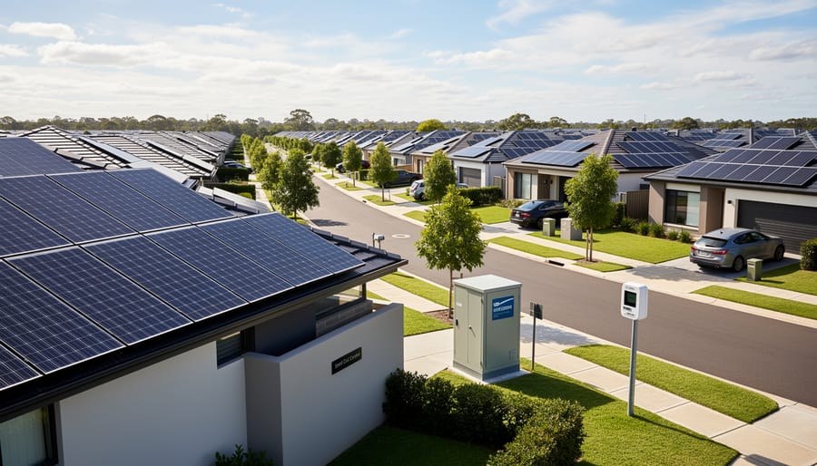 Residential rooftop solar panel installation on suburban home under clear blue sky
