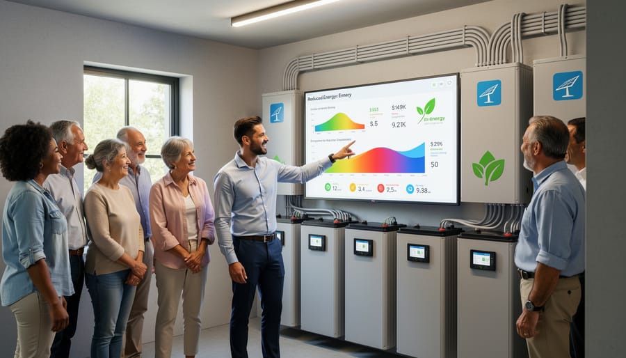 Property manager discussing battery storage benefits with apartment residents in modern building lobby