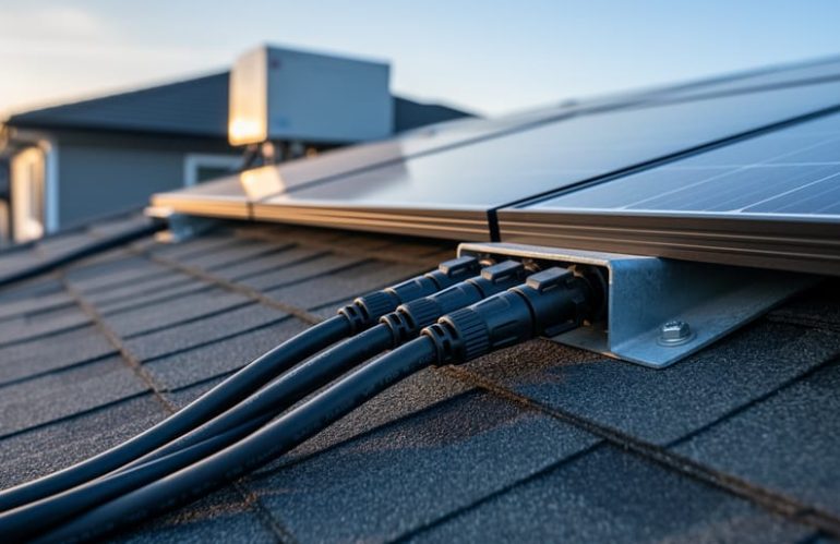 Close view of rooftop solar panels with black PV DC cables and MC4 connectors feeding into metal conduit toward a house, sunlit with a softly blurred home and inverter in the background.