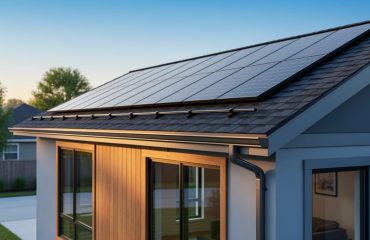 Low-angle view of a modern house roof with integrated solar shingles and adjacent framed solar panels in warm evening light, with trees and neighboring homes softly blurred in the background.