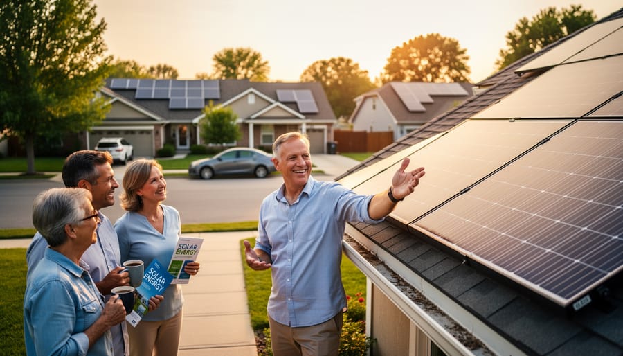 Group of neighbors discussing residential solar panels in friendly conversation