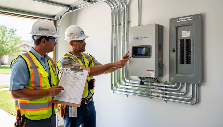 Electrical inspector examining PVC conduit installation on residential solar panel system