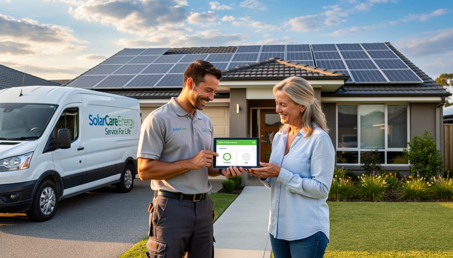 Solar company representative shaking hands with homeowners in front of house with rooftop solar panels