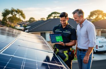 Solar technician in unbranded uniform shows a homeowner a tablet next to rooftop solar panels at sunset, with a house and service van softly blurred in the background.