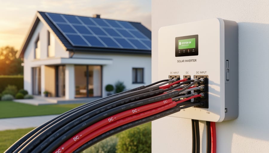Solar DC cables connecting rooftop solar panels to inverter on residential home
