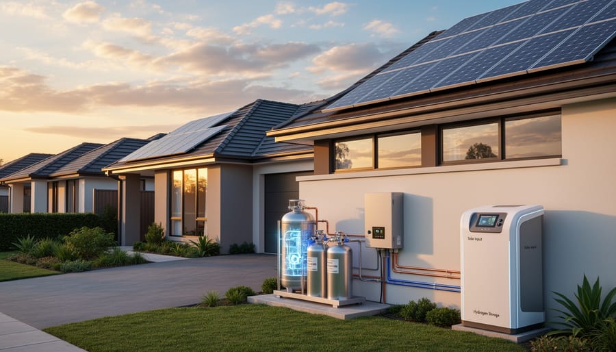 Residential home with solar panels installed on roof under clear sky