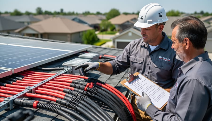 Homeowner consulting with solar installer about panel and cable installation
