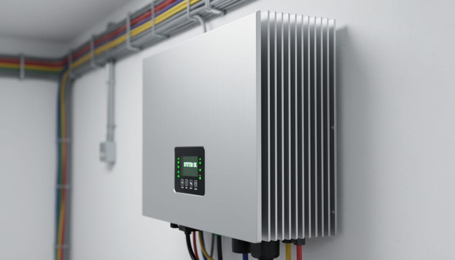 Solar inverter with aluminum heat sink fins mounted on residential home exterior wall