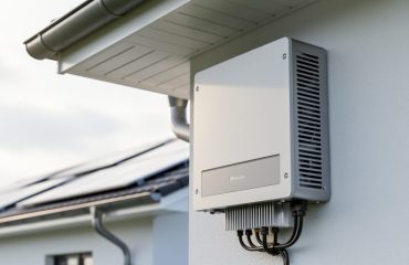 Modern wall-mounted solar inverter with cooling vents under a shaded home eave, photographed at a slight angle, with blurred rooftop solar panels and clear ventilation space in the background.
