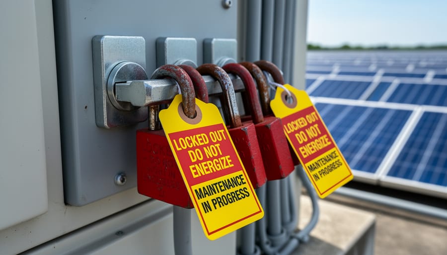 Technician attaching red lockout device and yellow warning tag to solar system disconnect switch