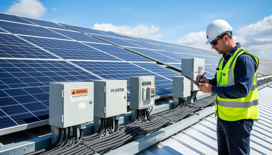 Solar panels on residential roof reflecting bright sunlight showing active electricity generation