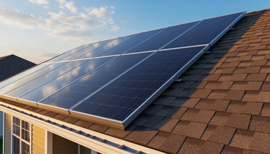 Residential roof showing solar panels alongside traditional asphalt shingles