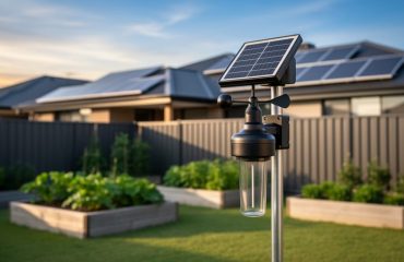 Solar-powered personal weather station with small photovoltaic panel, anemometer, wind vane, and rain gauge on a pole in a backyard, with a house’s rooftop solar panels and garden beds softly blurred behind in warm evening light.