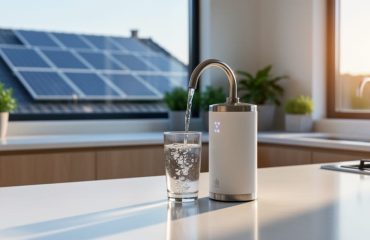 Countertop water purification unit filling a glass in a sunlit modern kitchen, with rooftop solar panels visible through the window in the background.