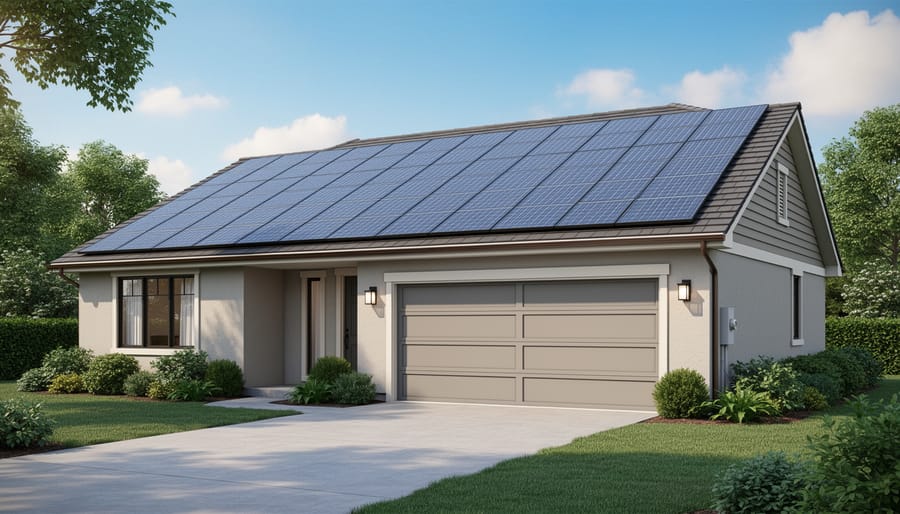 Modern home with integrated solar roofing shingles installed across entire roof