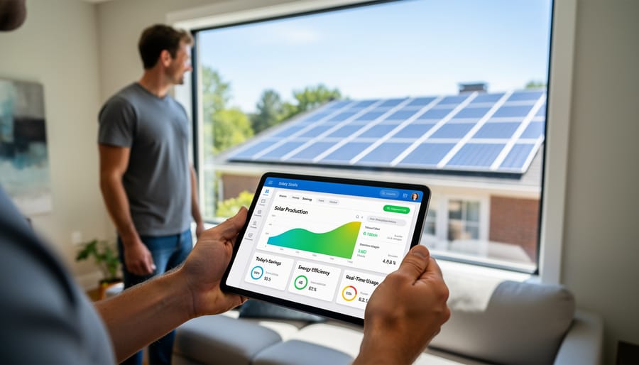 Person checking solar energy savings on smartphone with solar panels in background