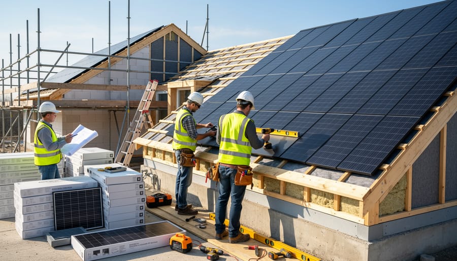 Construction worker installing solar roofing shingle showing photovoltaic integration