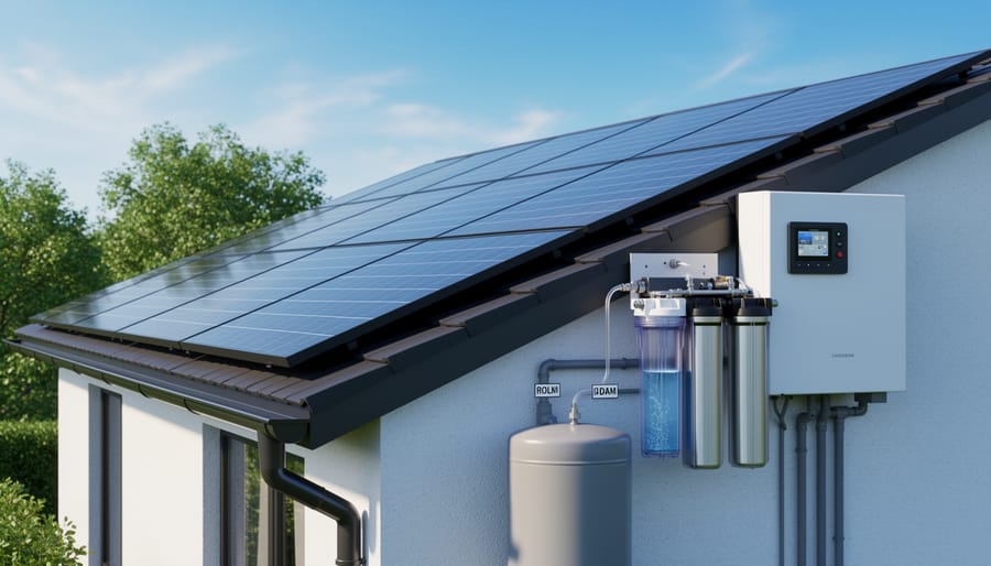Solar water purification unit installed on residential rooftop next to solar panels