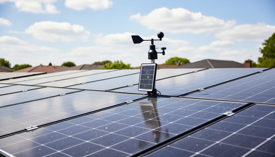 Solar-powered weather station mounted on residential roof with solar panels in background