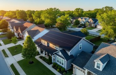 Aerial three-quarter view of a suburban neighborhood showing a house with rooftop solar panels in the foreground, neighboring light and dark roofs, trees, and a quiet street under warm evening light.