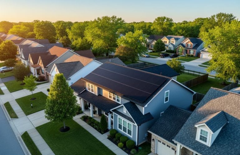 Aerial three-quarter view of a suburban neighborhood showing a house with rooftop solar panels in the foreground, neighboring light and dark roofs, trees, and a quiet street under warm evening light.