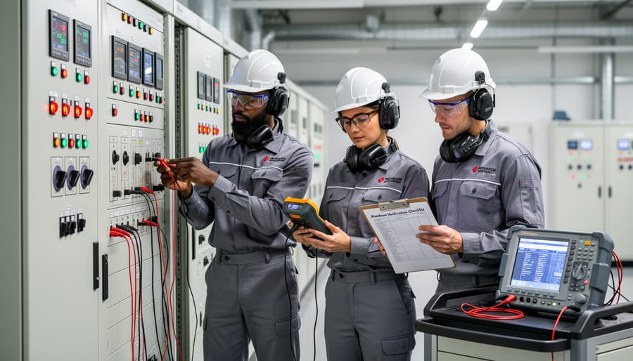Solar technician using multimeter to verify system is de-energized during lockout-tagout procedure