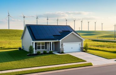 Suburban American house with dark blue rooftop solar panels in sharp focus, with white wind turbines spinning across rolling fields at golden hour, symbolizing complementary wind and solar energy for homeowners.